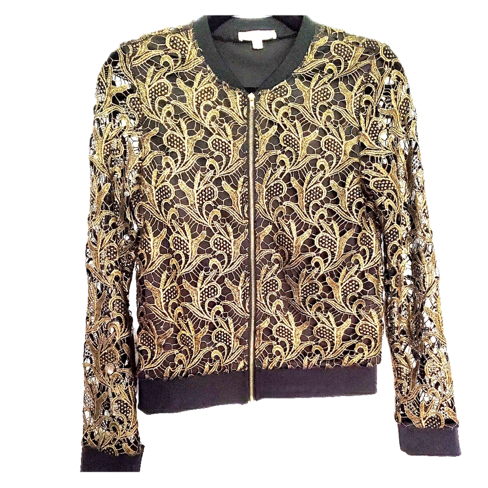 Black and Gold Zip up Lace Jacket